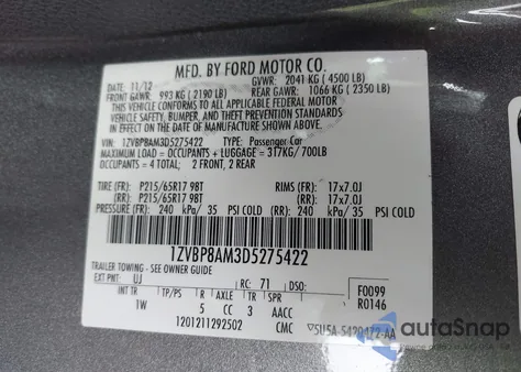 2013 Ford Mustang V6 из США, поврежденный, VIN 1ZVBP8AM3D5275422